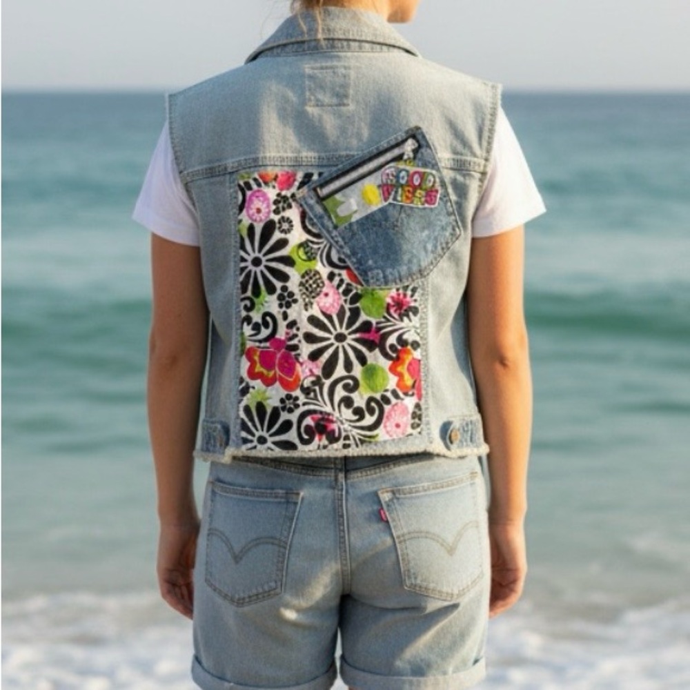 Denim Vest with Colorful Floral Patchback